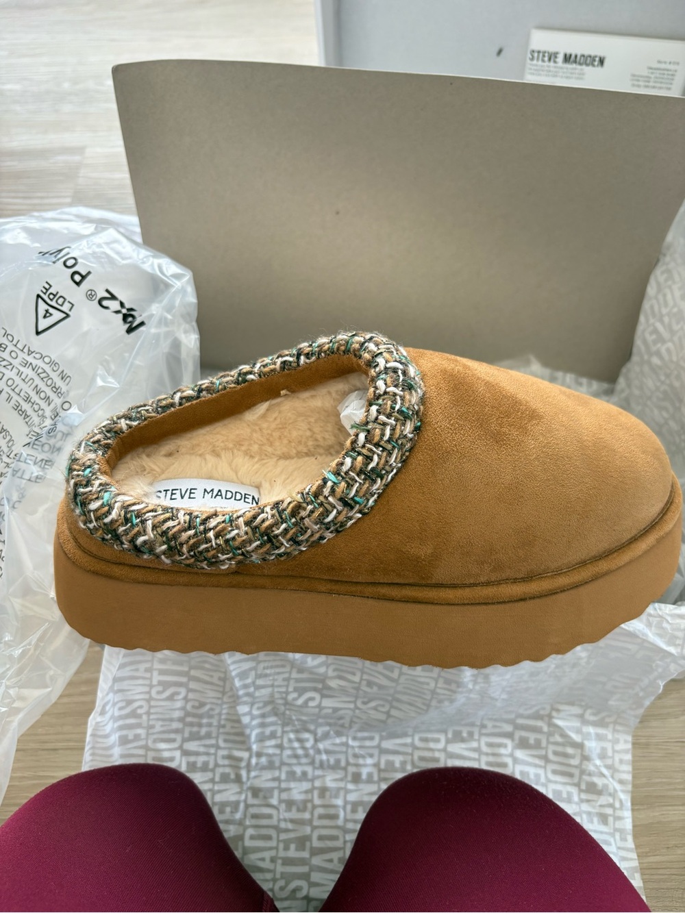 Steve Madden Chestnut Suede Platform Cozy Mules with Woven Trim